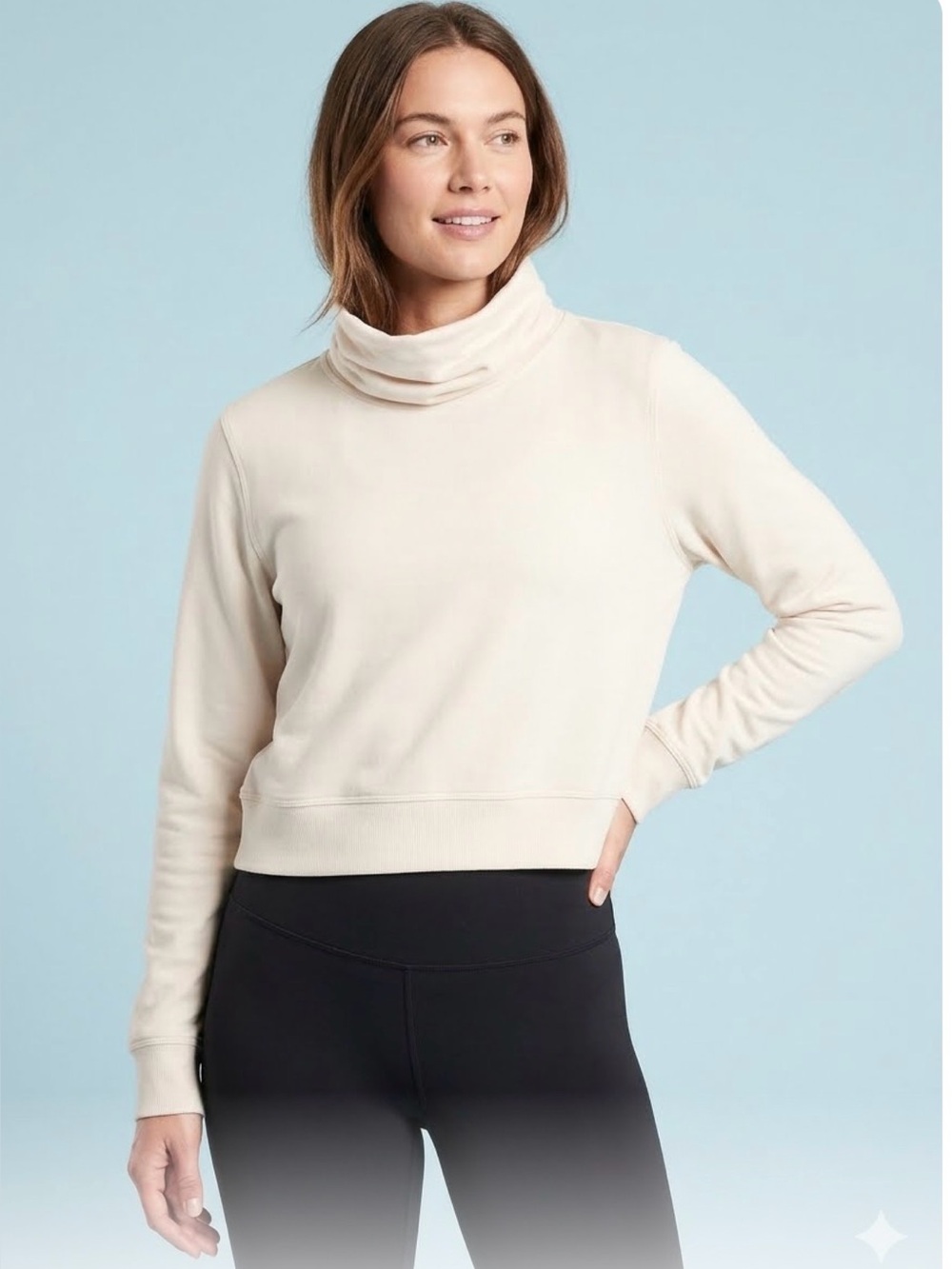 Athleta Coaster Luxe Cowl Neck Sweatshirt Cream Beige Cropped Pullover Small